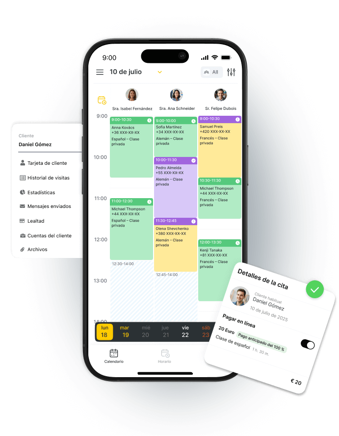 Mobile app interface showing student management calendar and appointment details